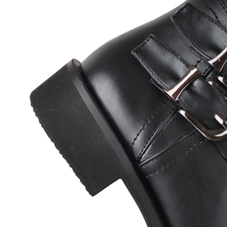 Women's Side Zippers Buckle Straps Low Heels Knee-High Boots