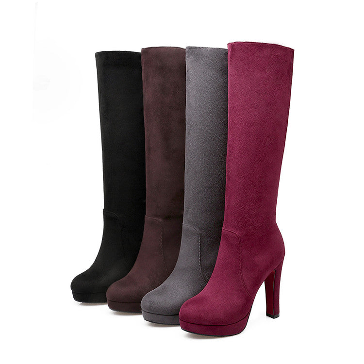 Women's Side Zippers Round Toe Chunky Heel Platform Knee-High Boots