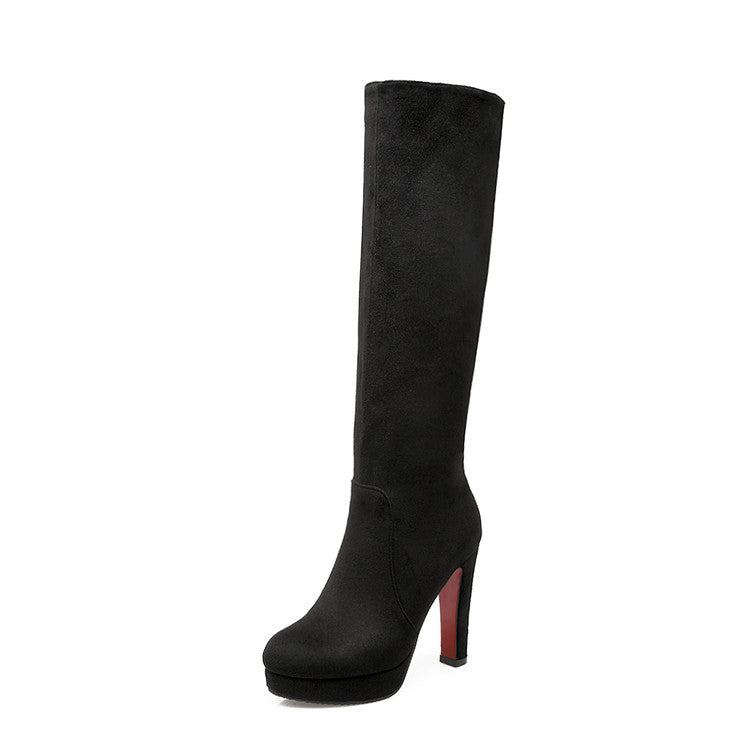 Women's Side Zippers Round Toe Chunky Heel Platform Knee-High Boots