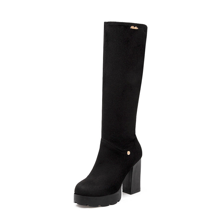 Women's Side Zippers Round Toe Chunky Heel Platform Knee-High Boots