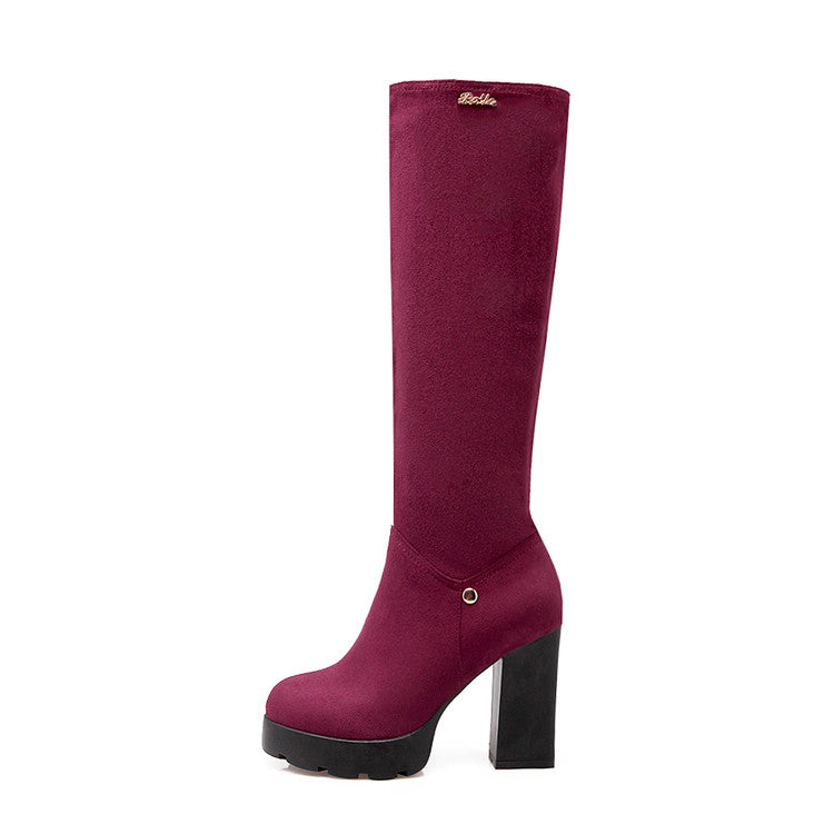 Women's Side Zippers Round Toe Chunky Heel Platform Knee-High Boots