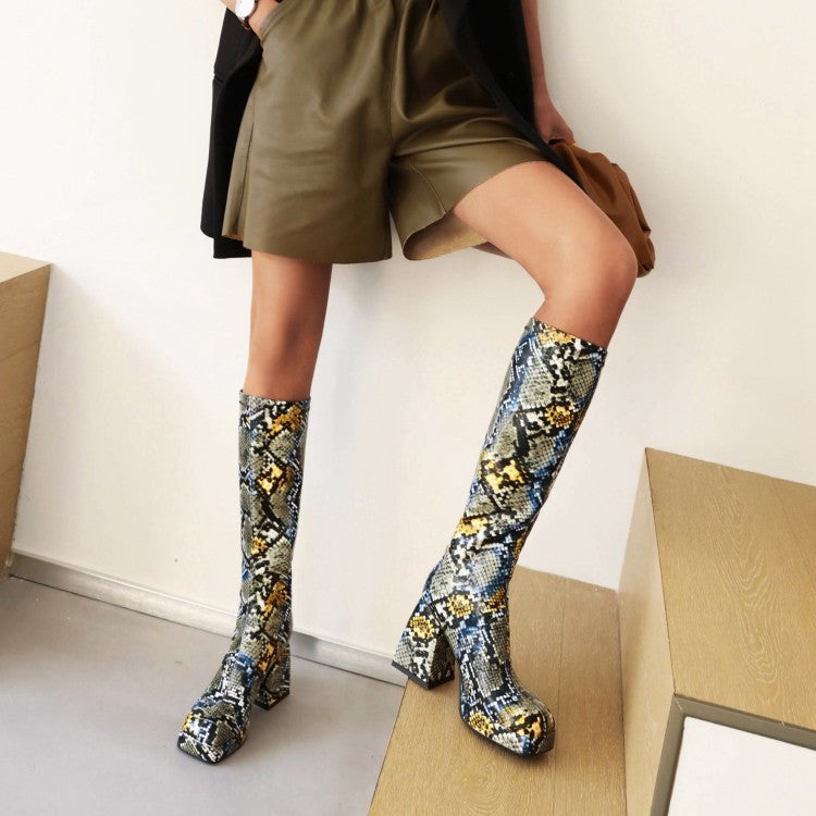 Women's Snake-printed Pu Leather Square Toe Block Chunky Heel Platform Knee High Boots