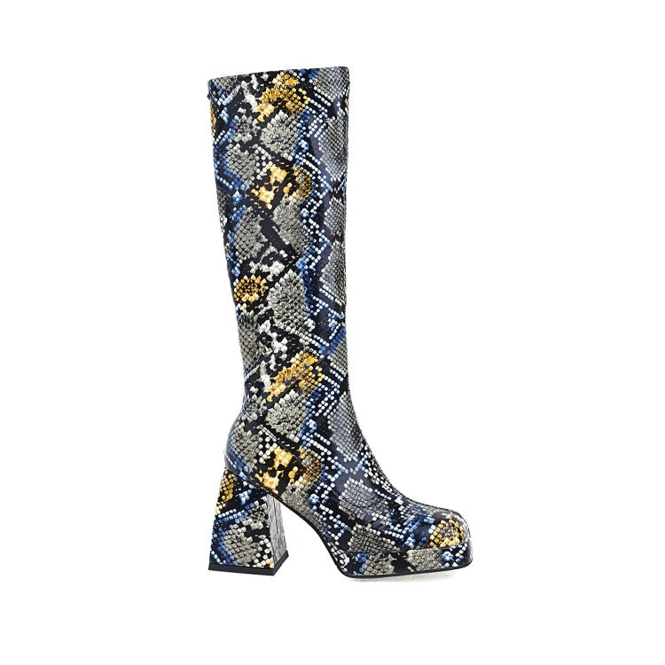 Women's Snake-printed Pu Leather Square Toe Block Chunky Heel Platform Knee High Boots