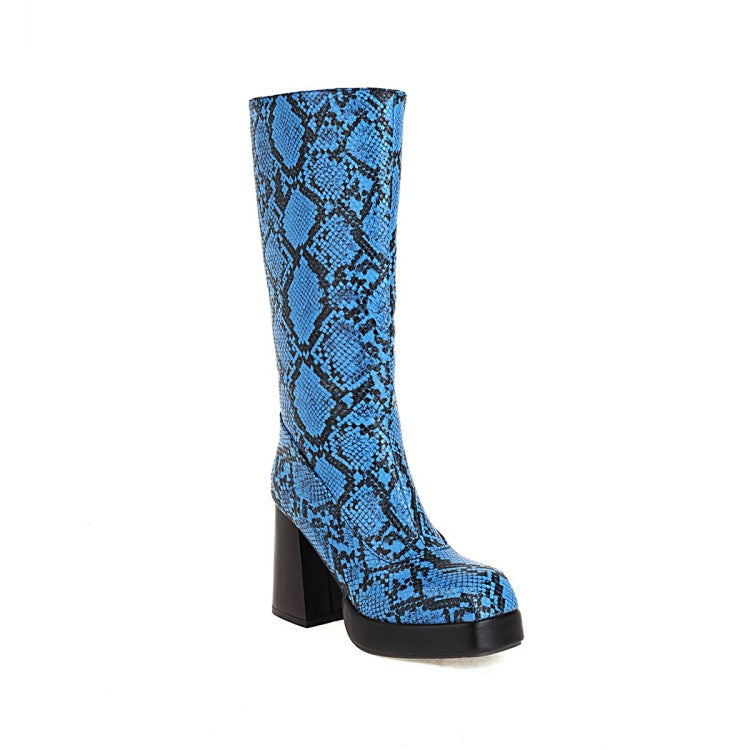 Women's Snake Printed Square Toe Side Zippers Block Chunky Heel Platform Mid-Calf Boots