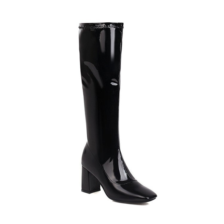 Women's Square Toe Glossy Side Zippers Chunky Heel Knee-High Boots