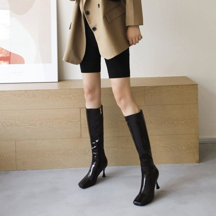 Women's Square Toe Side Zippers Spool Heel Knee-High Boots