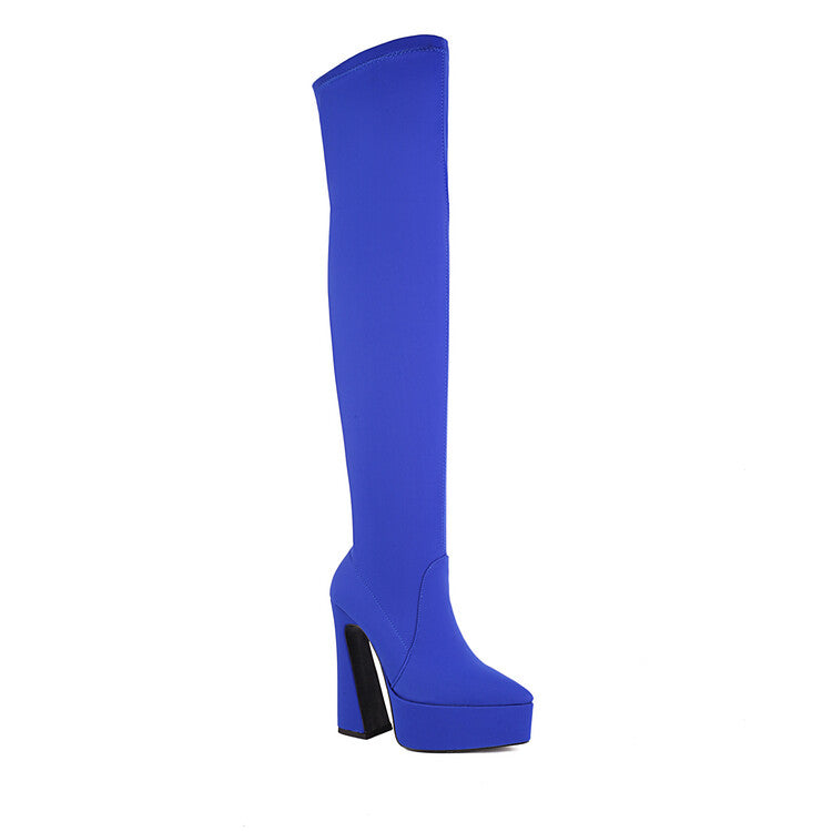 Women's Stretch Pointed Toe Spool Heel Platform Over the Knee Boots