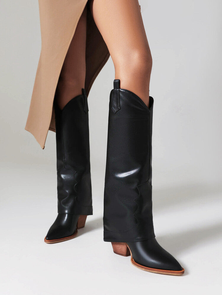 Women's Western Boots Fold Pointed Toe Beveled Heel Knee High Boots