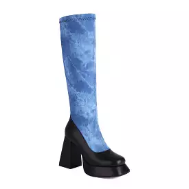 Women's Western Cowboy Tie-Dye Zippers Round Toe Chunky Heel Platform Knee High Boots