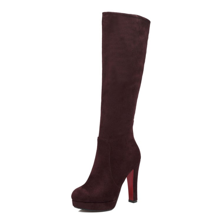 Women's Zippers Round Toe Chunky Heel Platform Knee-High Boots