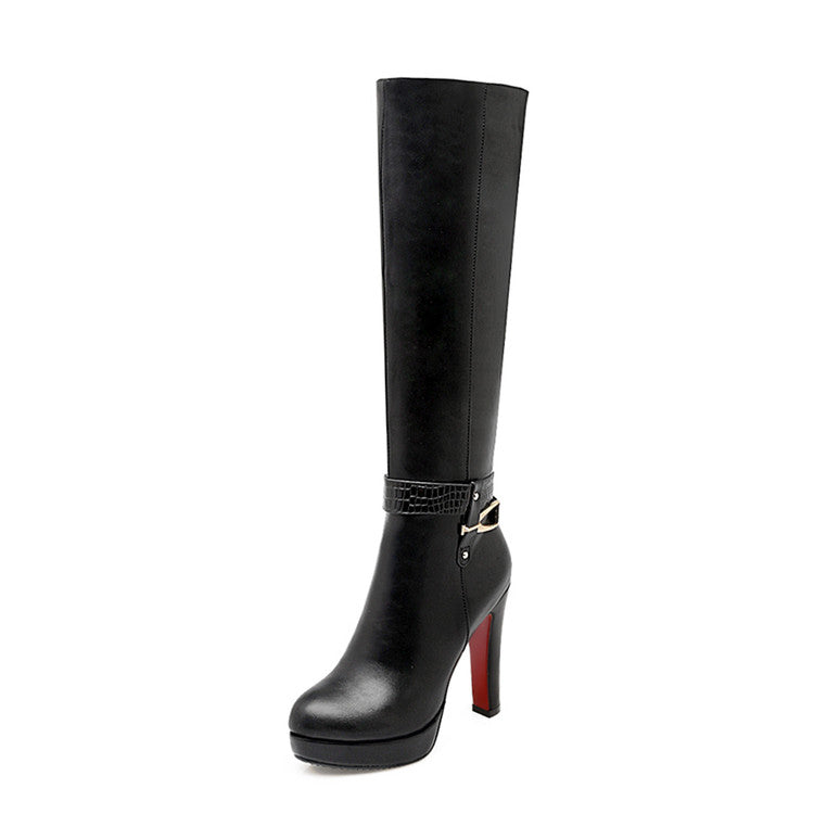 Women's Zippers Round Toe Chunky Heel Platform Knee-High Boots