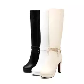 Women's Zippers Round Toe Chunky Heel Platform Knee-High Boots