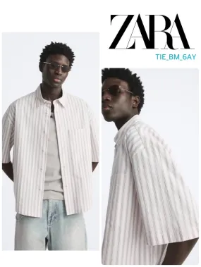 ZARA  |Stripes Cotton Short Sleeves Shirts